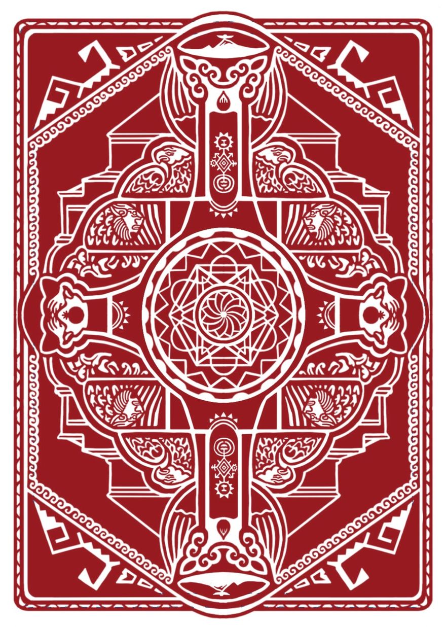 The Fragments card back: a red and white design built from Armenian architectural ornament, eagles, pomegranates and a central rosette